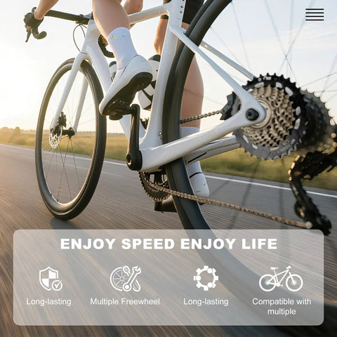 Cyclist using Screw On MF TZ500 7 Speed Freewheel 14 34 Tooth for Tourney Drivetrain on road in sunlight