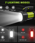 Rechargeable Camping Lantern With 800LM LED Spotlight And Flashlight showing seven lighting modes including red strobe.