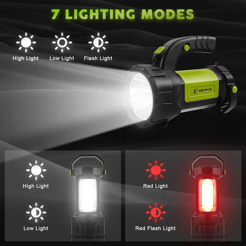 Rechargeable Camping Lantern With 800LM LED Spotlight And Flashlight showing seven lighting modes including red strobe.