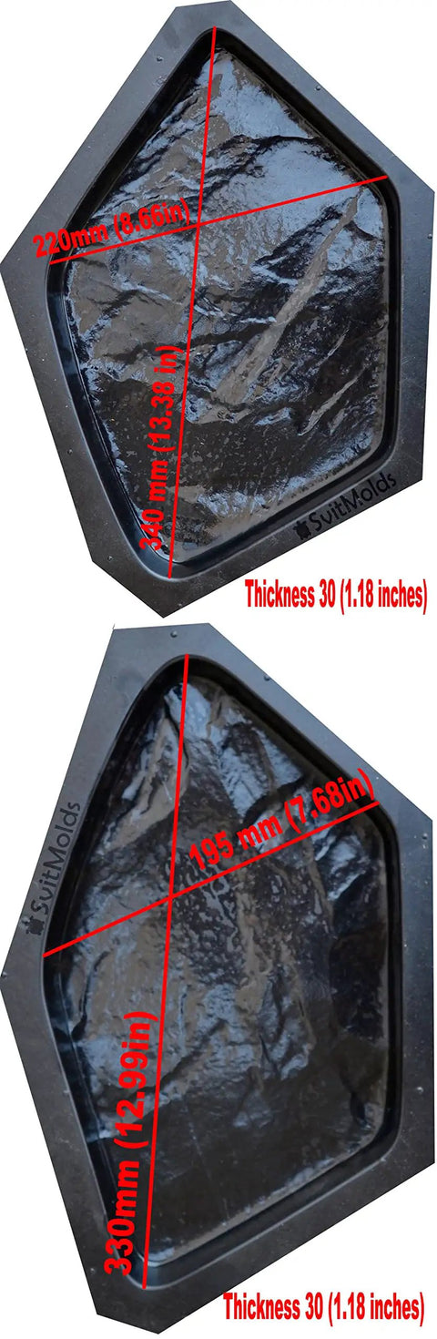 Concrete Molds 6 Piece DIY Plastic Molds Set for flagstone paving, black ABS plastic with textured surface, dimensions shown