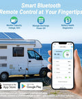 Hand holding phone with app near RV on scenic coast showing 12V 140Ah LiFePO4 Battery Group31 For RVs Boats Marine And Off Grid Solar.