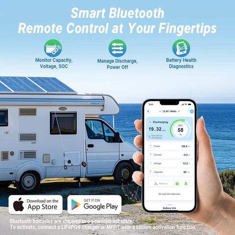 Hand holding phone with app near RV on scenic coast showing 12V 140Ah LiFePO4 Battery Group31 For RVs Boats Marine And Off Grid Solar.