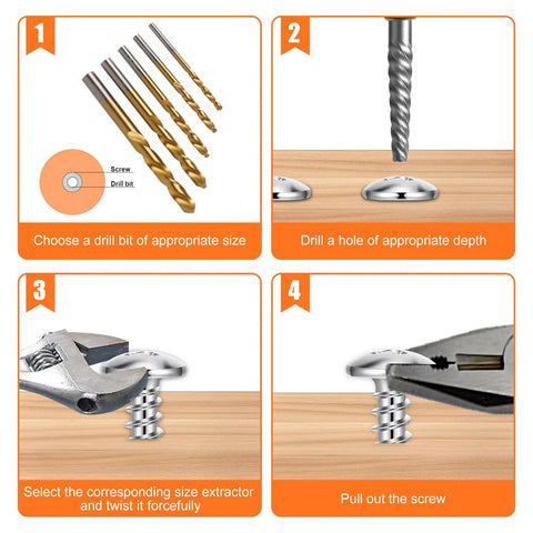 Diagram showing use of a 10 Piece Cobalt HSS Drill Bit Kit with Left Hand Screw Extractor Set for Stripped Screws and Broken Bolts.