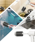 Cordless Electric Spin Scrubber With 1500mAh Battery cleaning various surfaces including sink, tiles, and kitchen counter.