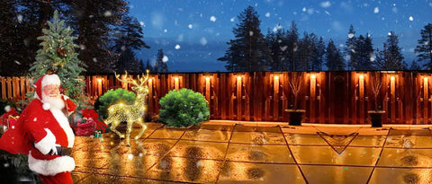 12 Pack Solar Deck Lights Outdoor Waterproof Step Fence Lighting illuminating a wet patio at night with festive decorations