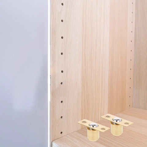 Pure Copper Door Ball Catch 16.5mm Pack Of 10 For Cabinets And Closets, shown against a wooden cabinet background
