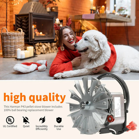 Replacement Combustion Blower Motor for Pellet Stoves with fan blade and cord display