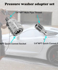 Front view of stainless steel 1/4 in NPT pressure washer fittings set: female quick-connect socket and male plug (2 pcs)