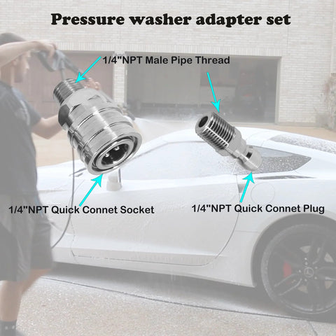 Front view of stainless steel 1/4 in NPT pressure washer fittings set: female quick-connect socket and male plug (2 pcs)