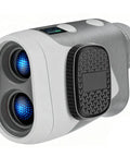 Close-up of a grey and white golf rangefinder, showcasing dual lens, textured grip, with secure magnetic mount.