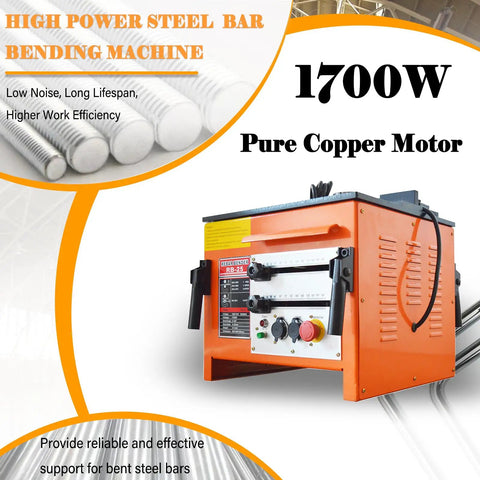 Job Site Ready 1/4 To 1 Inch Electric Rebar Bender With Dual Foot Switch For Heavy Duty Construction Tasks And Effortless 0 To 180 Degree Steel Bending 1700 Watt Beast close-up of electric rebar bender with controls and copper motor.
