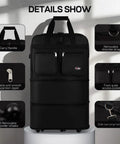 Front view of black rolling duffel bag with two front zipper pockets, top handles and spinner wheels.