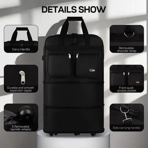 Front view of black rolling duffel bag with two front zipper pockets, top handles and spinner wheels.