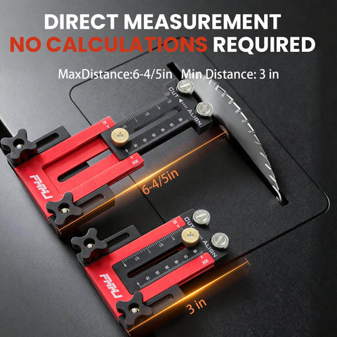 Boss Level Narrow Rip Table Saw Jig With Dual Pulleys For Precise Repetitive Narrow Strip Cuts Fits 3/8x3/4 U Slot And 1/4x3/8 T Slot Tables Front Of Blade Positioning Durable Woodworking Cutting Guide in close-up view with measurement scales showing 6-4/5in and 3in distances.