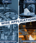 Wide application of CNC, 3D printer, injection molding, and engraving machines.