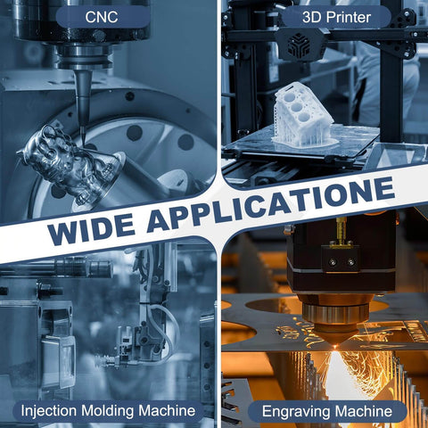 Wide application of CNC, 3D printer, injection molding, and engraving machines.