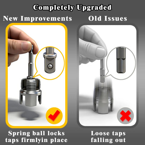 Comparison of new PVC Pipe Threader Kit With Internal And External Threaders showing spring ball lock vs. loose taps issue.