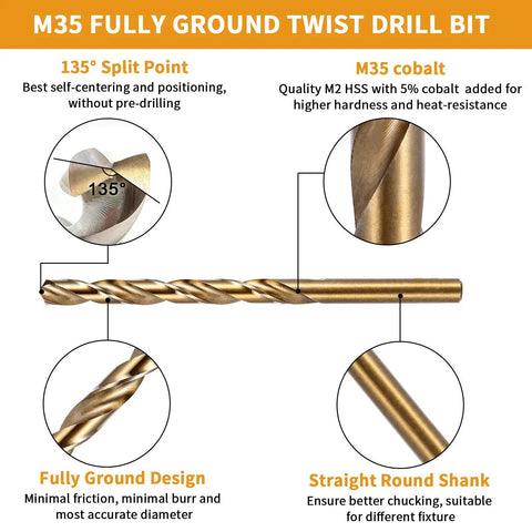 Diagram of M35 fully ground twist drill bit features, showing 135° split point, M35 cobalt, straight round shank, fully ground design.