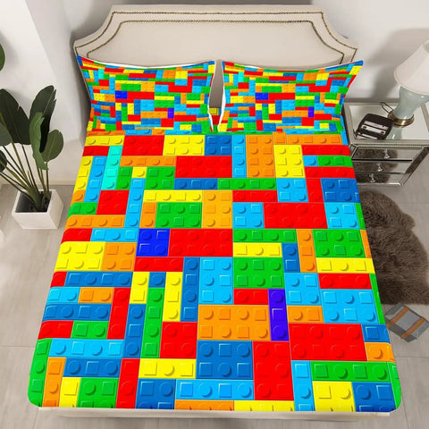 Colorful Brick Pattern Twin Size Fitted Sheet Set With Pillowcase For Kids Teens And Adults Geometric Patchwork Bedding In Soft Microfiber Material For A Dope Chic Modern Bedroom Vibe, twin bed