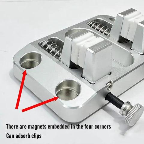 Close-up of Heavy Duty Wire Clamp Soldering Station Holder showing magnets embedded in corners for clip attachment.