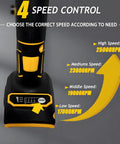 Killer Cordless Die Grinder Engineered To Ride On Popular 20V Packs showcasing speed control settings 25000RPM, 23000RPM, 19000RPM, 17000RPM.
