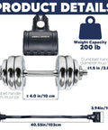 Turn Your Dumbbells Into An EZ Curl Bar With 200Lb Capacity showing product dimensions and dumbbell compatibility.