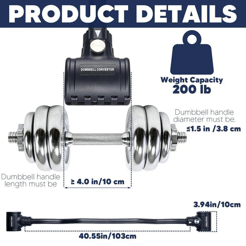 Turn Your Dumbbells Into An EZ Curl Bar With 200Lb Capacity showing product dimensions and dumbbell compatibility.