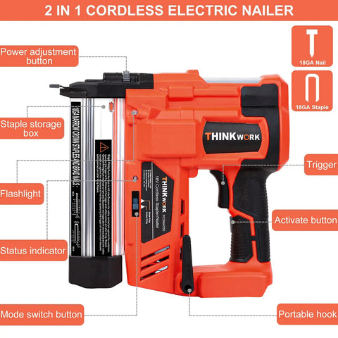 Cordless 20V 18 Gauge Brad Nailer Dual Mode Nail Gun For DIY Pros And Home Renovations with labeled parts and features.