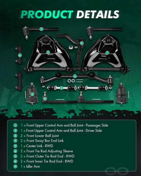 14 Piece RWD Suspension Kit For Chevy S10 Blazer Sonoma Jimmy And Isuzu Hombre Includes Upper Control Arm Lower Ball Joint Sway Bar Center Link Outer Inner Tie Rod End Adjusting Sleeve shown with parts laid out
