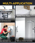 Multi-application image showing various plumbing setups including kitchen sink, bathtub supply, washer connections, and shower.