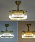 Vintage Industrial Caged Ceiling Fan Light Fixture with Remote,7-Blade Fan in a stylish brass finish with a transparent shade.