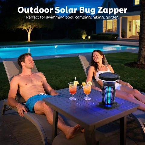 Solar Powered Bug Zapper Outdoor All Weather Waterproof Mosquito Fly Trap 4200V Electric Grid Rechargeable Battery on patio table