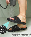 Person rinsing Drainage Holes Shower Slippers With Quick Drying Sole For Men And Women Open Toe Bath Shoes Black 44.45