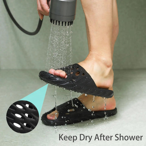Person rinsing Drainage Holes Shower Slippers With Quick Drying Sole For Men And Women Open Toe Bath Shoes Black 44.45