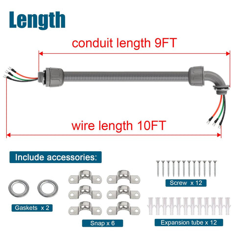 10 Foot Non Metallic Liquid Tight Conduit Kit With Prewired 10 AWG THHN Copper Conductors And Terminals Includes 90 Degree And Straight Connectors For Outdoor HVAC Wiring Ready To Install Plug And Play, showing conduit with accessories