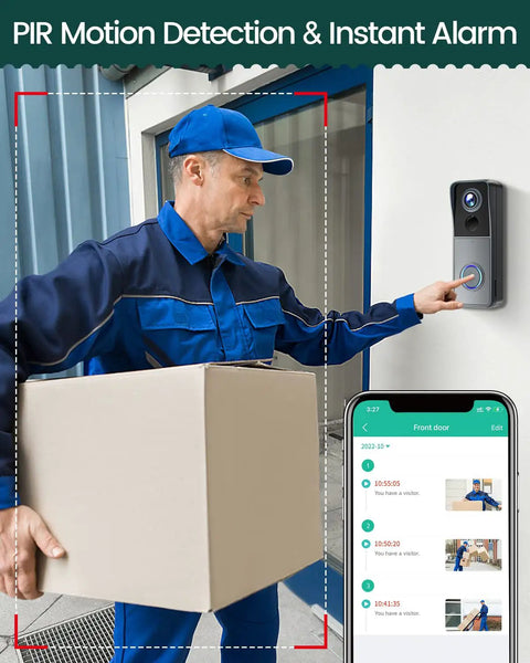 Wireless Video Doorbell Cam With Chime, 1080P HD Night Vision, Two-Way Talk, detects delivery person carrying package, app alert