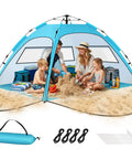 Family using Easy Setup Beach Tent Sun Shelter For Family Beach Day Ideal 4 To 5 Person Shade With UV 50 Plus Protection, playing in sand