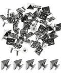 30 Pack Of 10mm Square Tip Zinc Alloy Screw Rivets In Sleek White Nickel Finish Absolute Fire Punk Hardware scattered on surface.