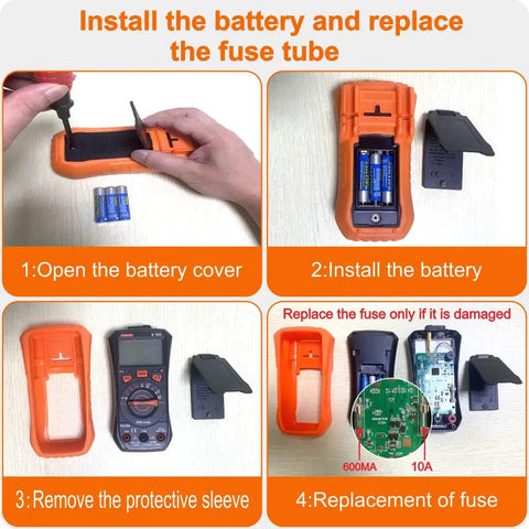 Steps for installing battery and replacing fuse on Versatile Digital Multimeter Tester for Home Auto and Industrial Use.