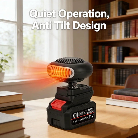 Road Ready Rechargeable Battery Powered Car Heater With Silent Kickin Warmth For Indoor Office And Camping Use Keeps You Toasty Cord Free And Comes With Five Batteries For Zero Hassle in a cozy indoor setting with books.