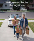 Family using AI-powered facial recognition security system with a parked car and grocery bags outside a house.