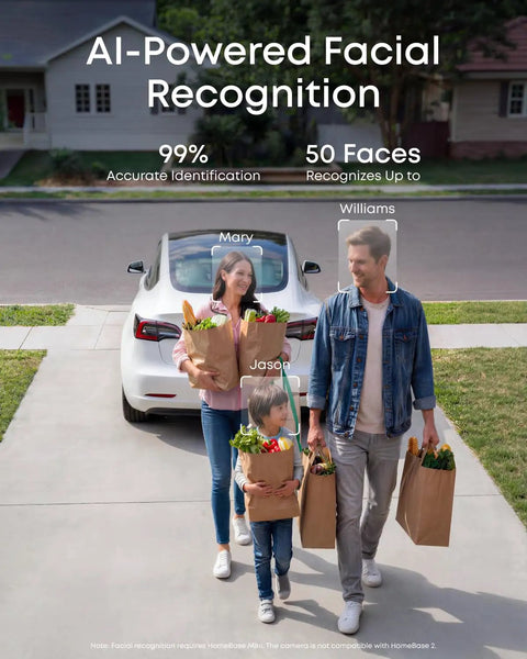 Family using AI-powered facial recognition security system with a parked car and grocery bags outside a house.