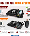 Dual Fuel Camping Stove Run On Butane Or Propane, Portable Outdoor Cooking Gear with adapter, showing compatibility with canisters