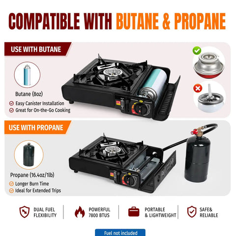 Dual Fuel Camping Stove Run On Butane Or Propane, Portable Outdoor Cooking Gear with adapter, showing compatibility with canisters