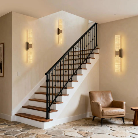 Natural Alabaster Brass Wall Sconce, Modern Indoor Bathroom Vanity Light illuminating staircase wall, featuring bronze finish and alabaster shades.