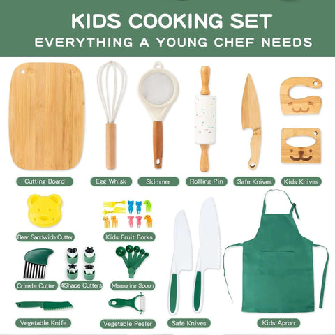 20-piece kids safe knife set with wooden cutting board, rolling pin, utensils, kid knives, and apron