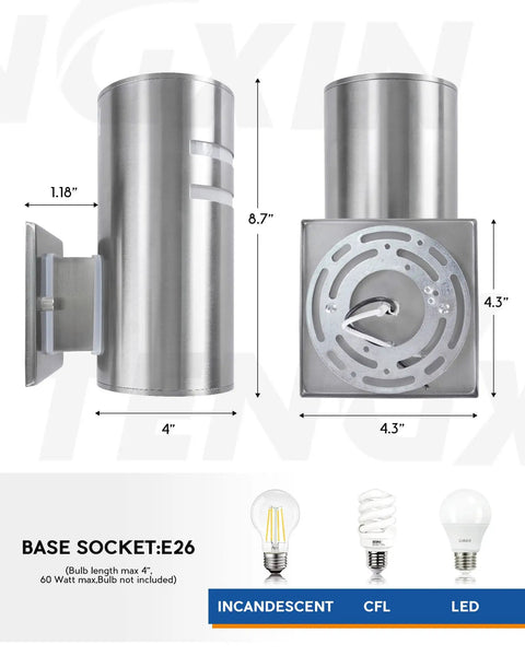 Diagram of Dope 2 Pack Outdoor Wall Light Cylinder Up Down Sconce With Stainless Steel Tube And Brushed Nickel Finish dimensions.