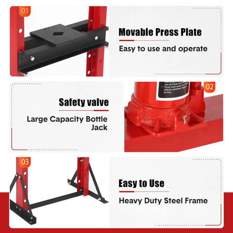 Movable press plate and safety valve of Rock Solid 12 Ton Hydraulic Shop Press Heavy Duty H Frame Benchtop With Swivel Base.