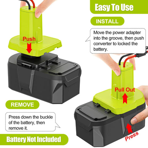 Beefed-Up 18V Power Wheel Adapter with 30A Fuse, silicone copper wiring, and 14-gauge terminals, installation instructions visible