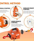 Orange 3-in-1 electric hoist winch with wireless and wired remotes; visible lifting hook and cable.
